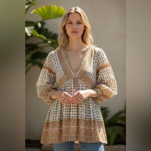 Sheer Cottagecore Boho Paisley Flowy Peasant Top Size Large